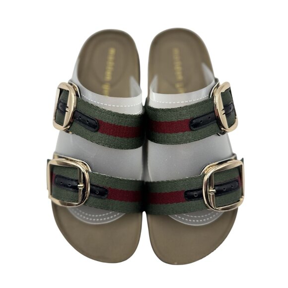 Madden Girl Womens Size 6/7 Strap Buckle Slides Leopard Print Green Red Strap - Picture 2 of 11